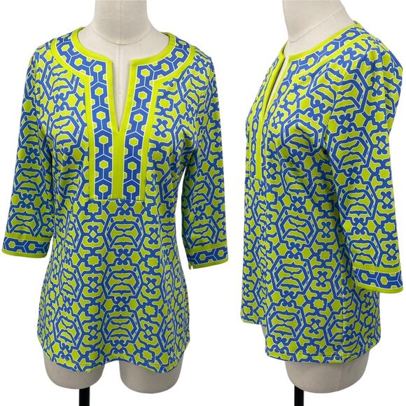 Gretchen Scott Designs Split Neck Top Geometric Printed Green Blue Womens Small - Picture 1 of 9